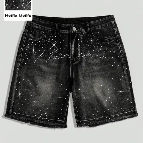 American Streetwear Summer Denim Five-Quarter Shorts, Black/Retro Blue, Unique Rhinestone Loose-Fit Wide-Leg Design, Bottoms