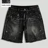 American Streetwear Summer Denim Five-Quarter Shorts, Black/Retro Blue, Unique Rhinestone Loose-Fit Wide-Leg Design, Bottoms