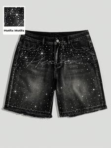 American Streetwear Summer New Blue Unique Rhinestone Loose Straight Leg Wide Leg Denim Five-Quarter Shorts