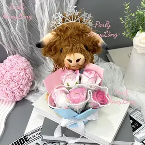 Highland Cow Plush Toy with Artificial Rose Bouquet, 1 Set Cute Plush Toy, Home Decor Ornament, Gift for Your Love, Stuffed Animal Gifts, Cute Stuffies
