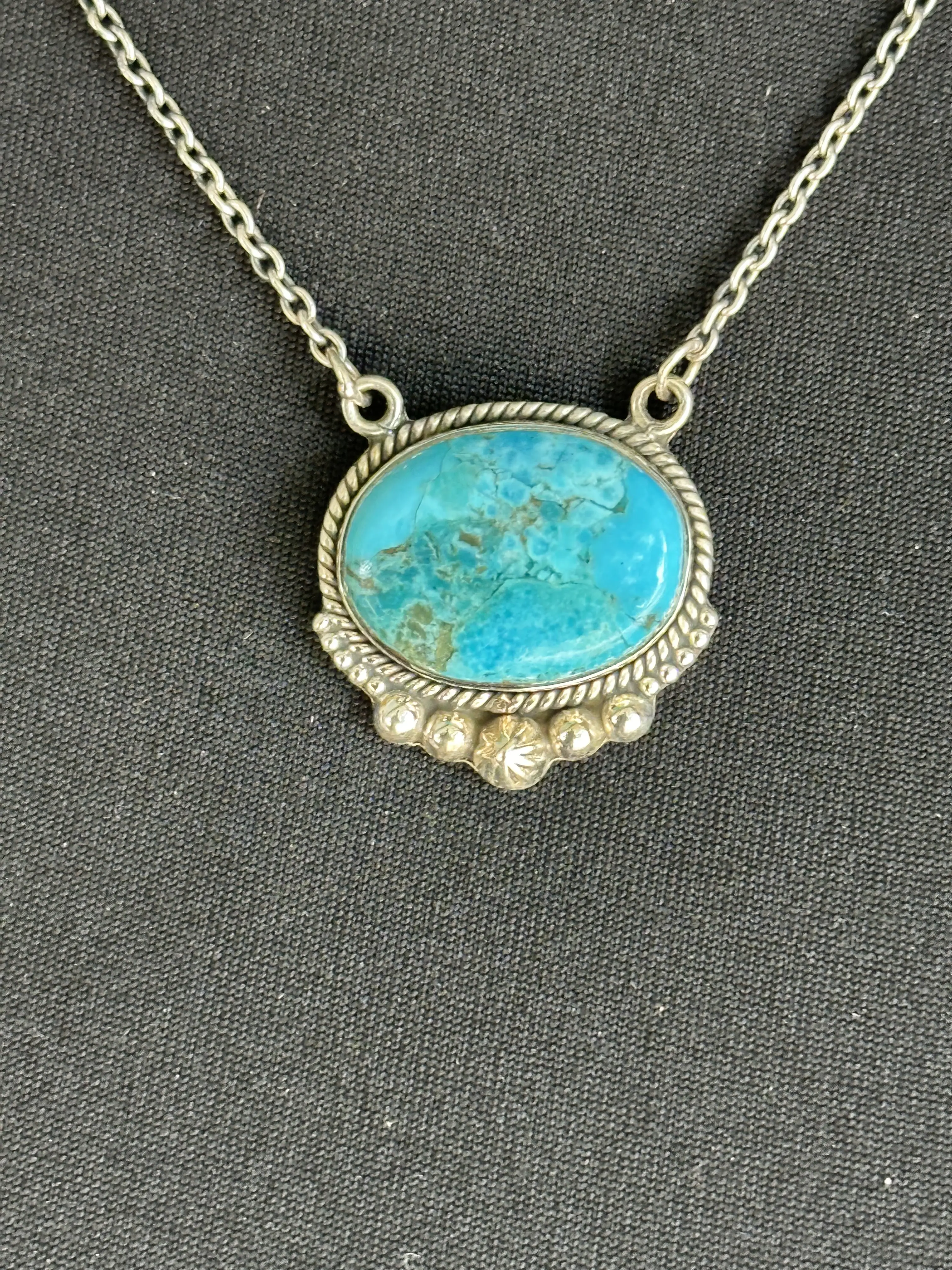Sterling Silver Oval Mexican Turquoise Necklace, Casual Western Southwest Turquoise Jewelry for Adults