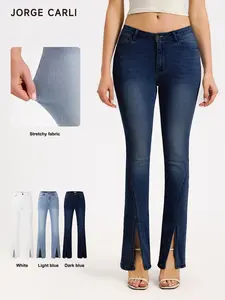 JORGE CARLI Women's Washed Denim Long Pants, Jeans, Split Leg, Stretchy Fabric, Casual Fashion, Slim-Fitting, Plain Pattern, Versatile Style