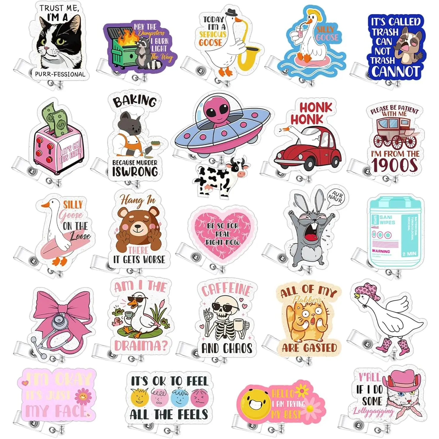 24 count Funny Badge Reels Retractable Nurse Bulk Cute Badge Holders Name ID Clip   CNA RN LPN MA Badge Reel Nurse Accessories Gifts
