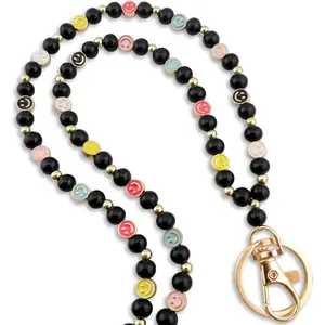 Smile Teacher Lanyard for Women ID Badges and Keychain Cute Happy Wood and Metal Beaded Lanyard Badge Holder