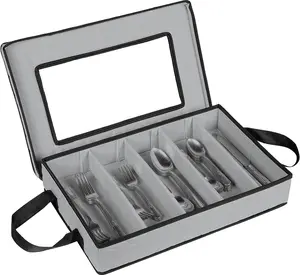 Flatware  Case - Durable 5 Compartment Silverware  Container Box with Removable Lid and Easy to Carry Handles - Large Capacity Keeps Your Cutlery Organized & Protected - Gray