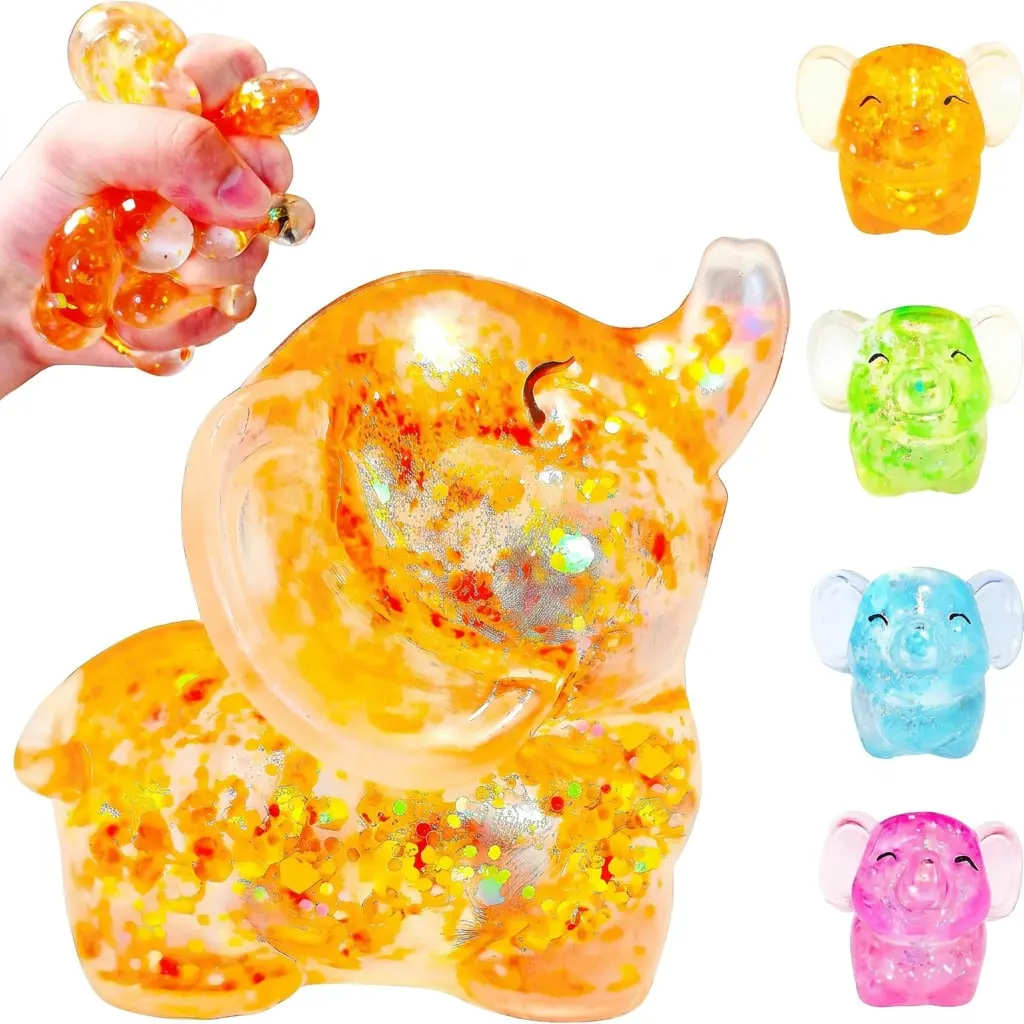 Transparent Glitter Elephant Squishy Toy, TPR Fidget Toy Stress‑Relief Toy for Kids Adults Party Holiday Gifts