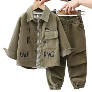 Spring and Autumn Boys' and Children's Set Letter Printed Corduroy Jacket Workwear 3-Piece Set Coats for 75-120cm Height