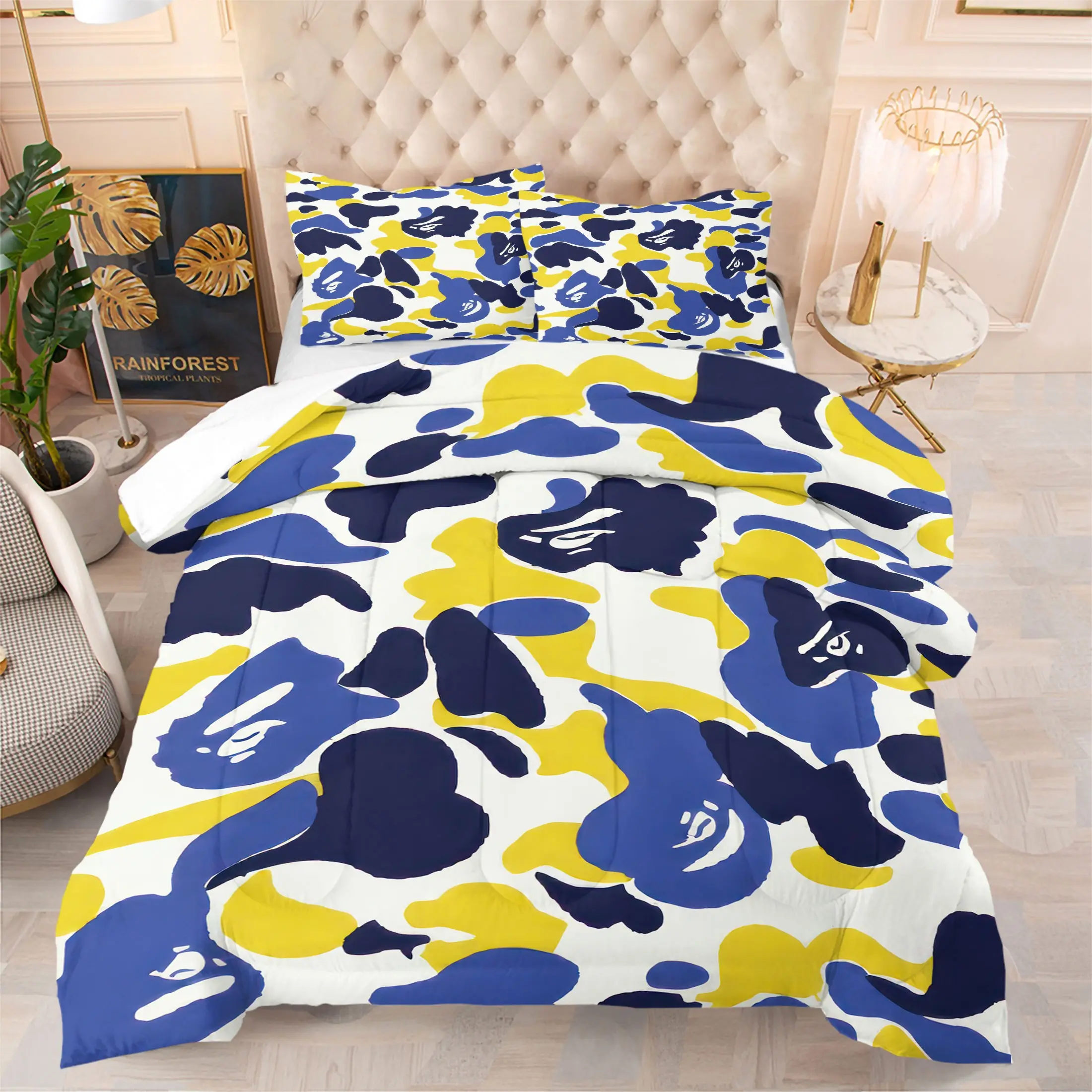 2/3Pcs Blue Yellow White Urban Camo Pattern Comforter Set, Trendy Street‑Style Camouflage Print Quilt Bedding Set with Pillowcases, Soft Lightweight Easy Care Versatile Use for Teen Boys Adults Bedroom Dorm Apartment Modern Hip‑Hop Home Decor