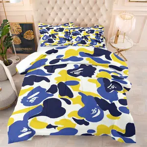 Ape Head Camo Pattern Comforter Set,BAPE Blue Yellow Camouflage Bedding Set,Includes 1 Comforter and 1-2 Unfilled Pillowcases,Trendy Streetwear Themed Comforter Set for Bedroom,Dorm & Modern Home Decoration