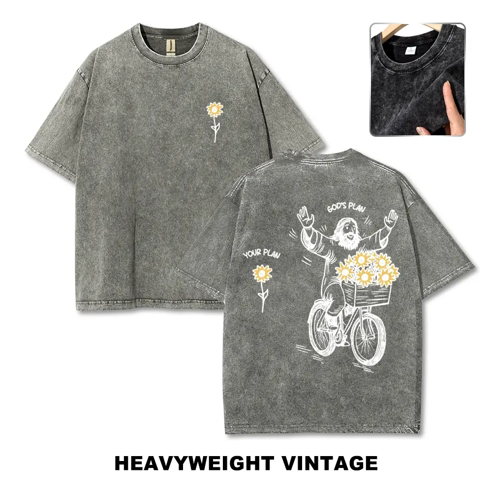 Unisex Oversize Washed Batik Cotton T-Shirt, God's Plan Flower Jesus Print, S-5XL, Super Soft Pre-Shrunk, Streetwear Menswear Top