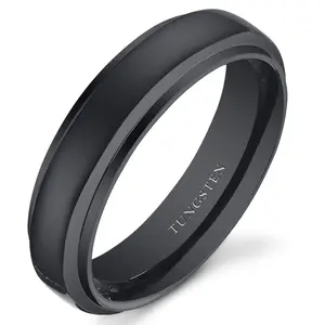 Black Double Grooved Rounded Top 6mm Unisex Tungsten Band Daily Engagement Birthday Anniversary Male Female