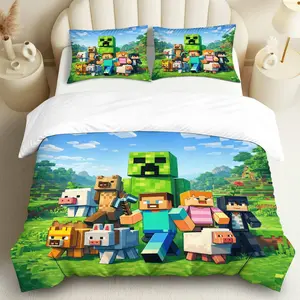 3PCS Duvet Cover Set, 1 Duvet+2 Pillowcases(Without filler), Adventure Game Pixel Block Character theme, Holiday bedding set, Vibrant Fun Cozy Bedroom Decor Suitable for decoration bedroom, gaming room, playroom, dormitory.