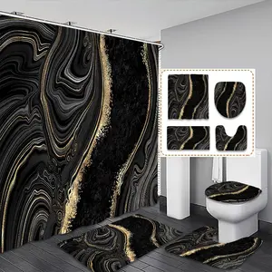 Elegant Gold Marble Print Shower Curtain Set, Waterproof Bathroom Accessories with Hooks, Bath Mat & Toilet Cover Pad, Christmas Gift, Bathroom Decoration Accessories