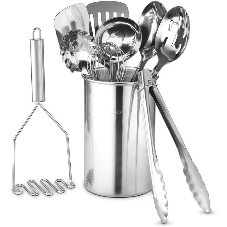 10-Piece Heavy Duty Stainless Steel Kitchen Utensils Set with Holder - Turner, Baking Utensils Supplies, Adult Meal Prep Tools, Easy to Clean, Space Saver, Durable Kitchenware, Kitchen Utensils Tools