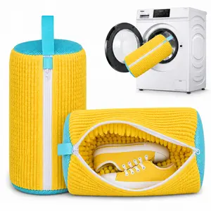 Shoe Washing Machine Bag – 2Pcs Microfiber Shoe Bag for Washing Machine – 360-Degree Cleaning Reusable Laundry Bags for Sneakers, Sports Shoes, Canvas – Practical Hanging Strap - Yellow