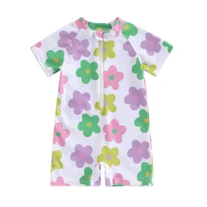 Toddler Boy Girl Short Sleeve  Zipper Swimsuit Watercolor Swimwear Romper Jumpsuit Beach Bathing Suit