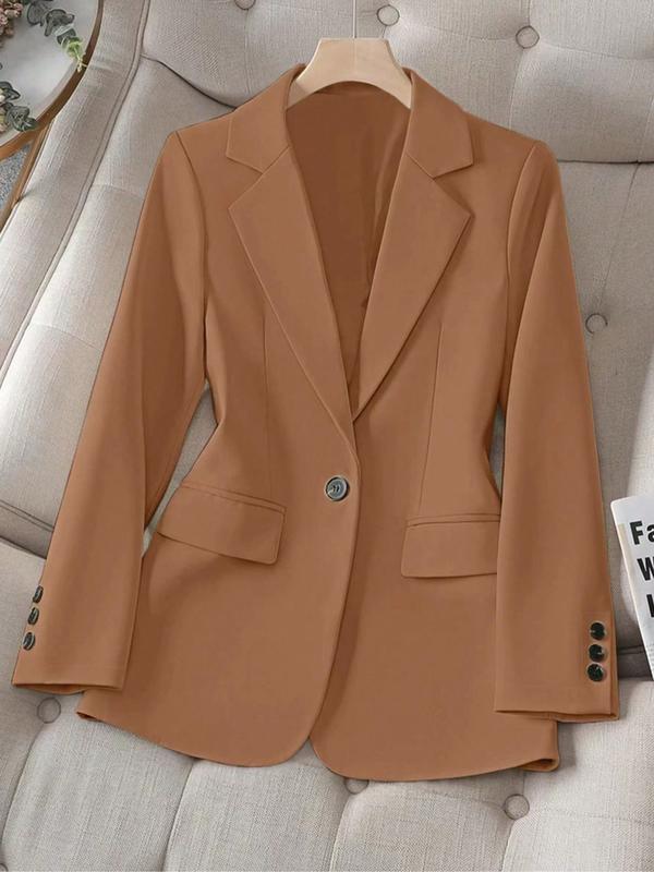 Women's Spring & Fall Solid Color Lapel Long Sleeve Single Button Casual Commuter Blazer Jacket, Fitted Plain Design