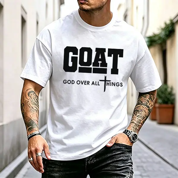 Menswear Short-Sleeve Round Neck Cotton T-Shirt, Christian Cross-Themed Crewneck Tshirt with "God Above All (GOAT)" Print, Suitable for Sunday Worship & Everyday Street Style