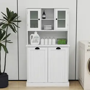 Two-Compartment Tilt-Out Dirty Laundry Basket Tall Bathroom Cabinet with 2 Adjustable Shelves-White modern tv console table Faux Leather Bar Stools Set cozy chair wood medium tv console couch seat Minimalist Velvet floor flexible coffee of seccion al