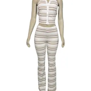 Conjunto Rayado de Dos Piezas Pantalón y Top - Beige, Cremado, Casual, Striped, Shirt Collar, Trousers/Leggings, Ankle Length - Clothes, Womenswear