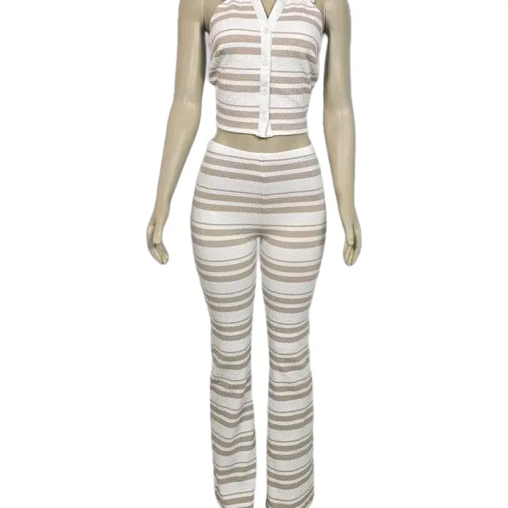 Conjunto Rayado de Dos Piezas Pantalón y Top - Beige, Cremado, Casual, Striped, Shirt Collar, Trousers/Leggings, Ankle Length - Clothes, Womenswear