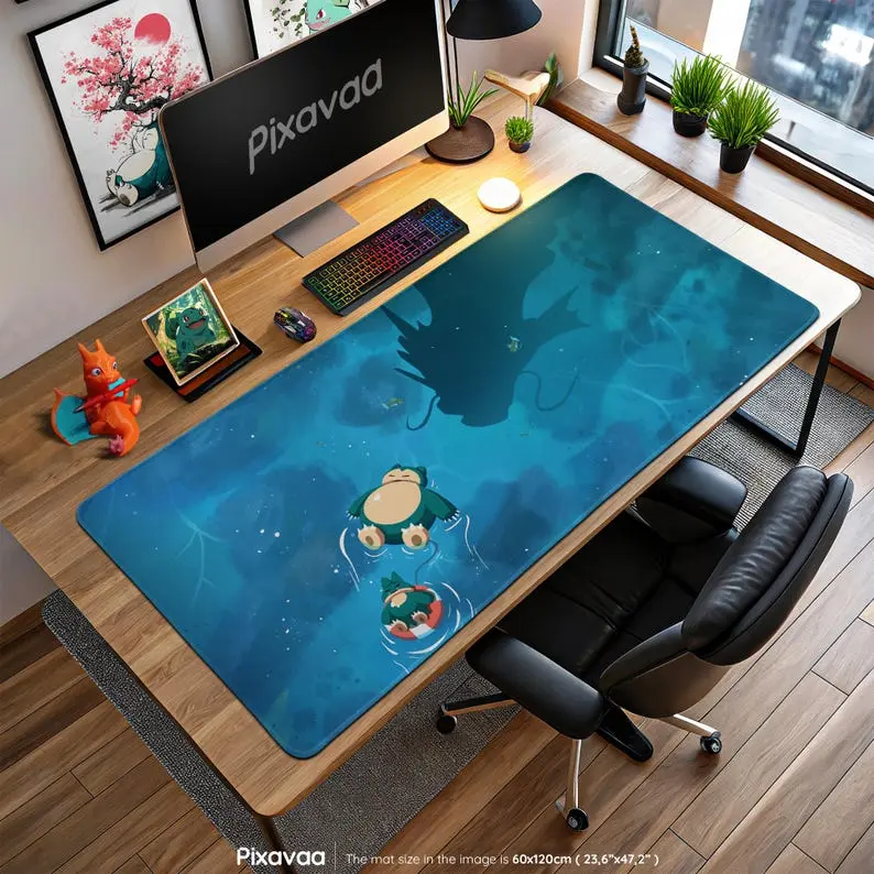 Snorlax Relaxing Mouse Pad - Floating Pokémon Scene with Gyarados Shadow, Gaming Desk Mat, Anime Decor Gift Pixava