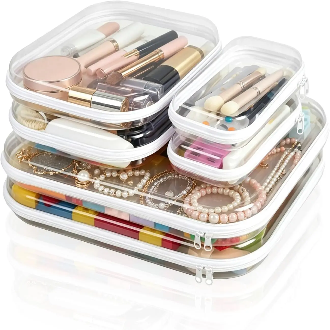 Clear Hard Shell Zipper Storage Cases - 6 Multi-Size Home Organizers (White, 3 Practical Sizes) for Toiletries, Cosmetics, Cables