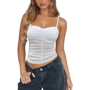 Sexy Tops for Women Y2K Tank Top Mesh Camisole Cami Crop Trendy Ruched Going Out Tops