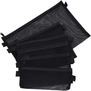 5 Pcs Mesh Zipper Pouch Set, A4 A5 A6 Nylon File Organizer for Travel, Office Supplies & Cosmetic Storage (Black)