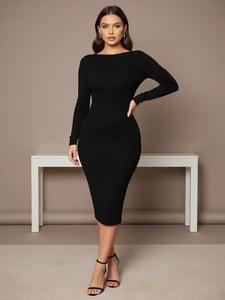 women's solid backless bodycon dress, chic fashion long sleeve boat neck long dress for party club dating wear, women dress for fall valentine's day, formal, womenswear