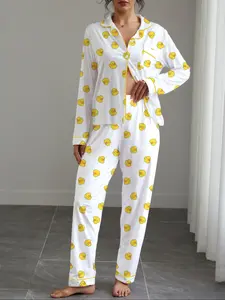 Women's Cartoon Duck Print Pajama Set, Long Sleeve Lapel Cardigan & Elastic Pants, Casual Fall Winter Sleepwear, 2 Piece