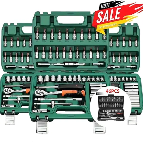 【SummerVibes】46/53pcs 1/4 Inch Drive Socket Wrench Set, With Bit Socket Set Metric And Extension Bar For Auto Repairing And Household, With Storage Case,Gift for Man,Husband,Springtok Tool Box Hardware