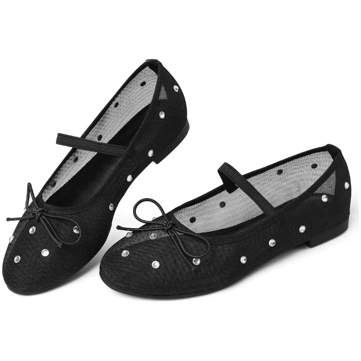 Clearance Sale Women's Mesh Mary Jane Shoes - Rhinestone Bow, Crystal Accents, Buckle Strap, Round Toe Ballerina Flats