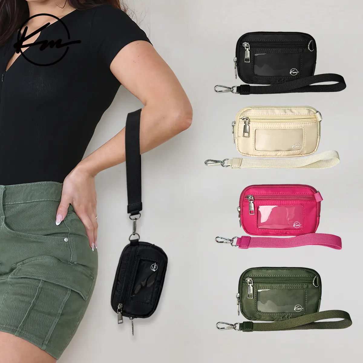 KatchMe Women's Wrist Strap Nylon Solid Color Large-Capacity Zip Keychain Wallet With ID Window,Waterproof PVC Transparent Money Bag,Basic Coin Purse