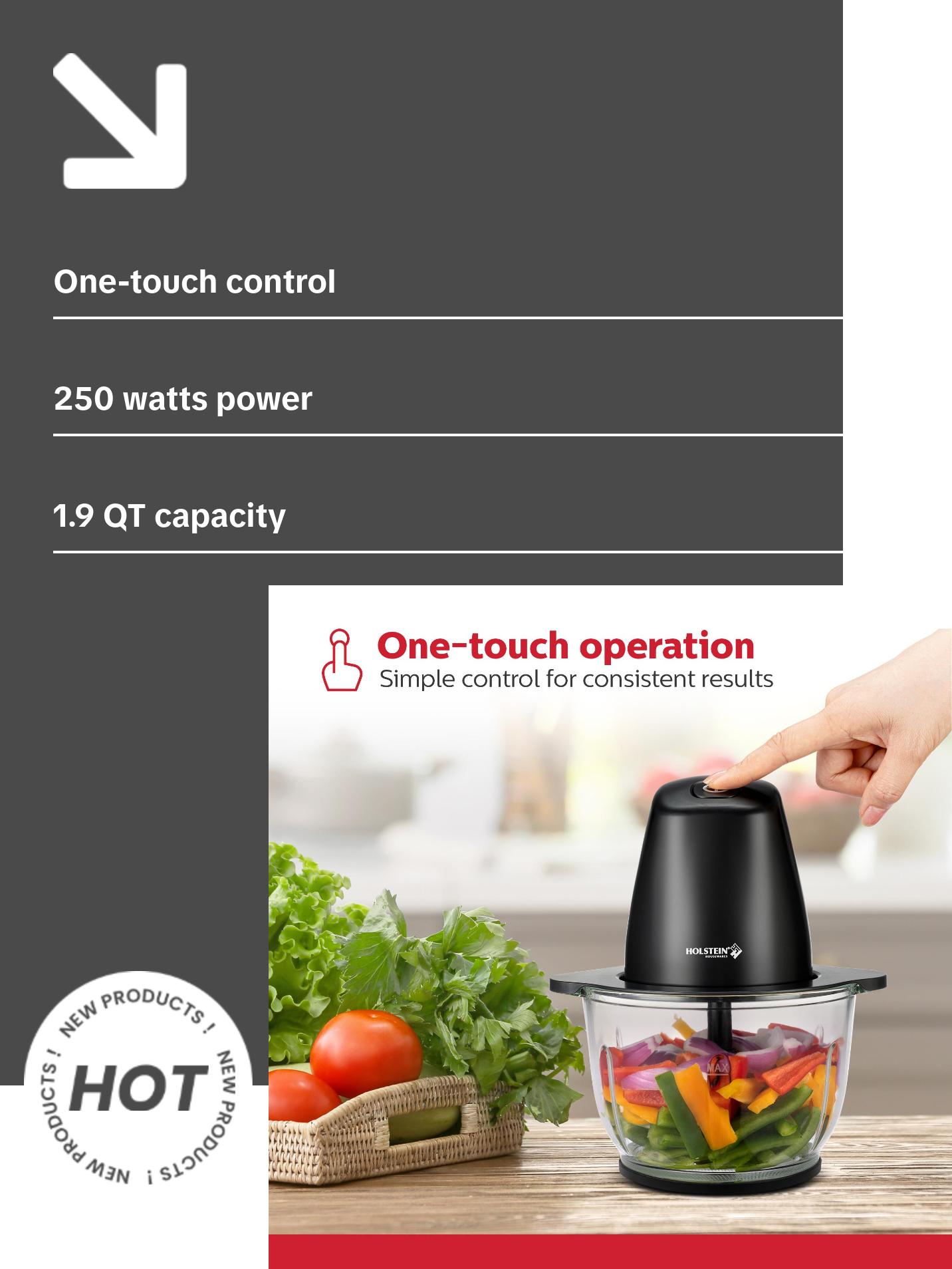 Holstein Housewares 1.9 QT Electric Food Chopper with 250W Power Stainless Steel Blades & One-Touch Speed Control for Easy Meal Prep
