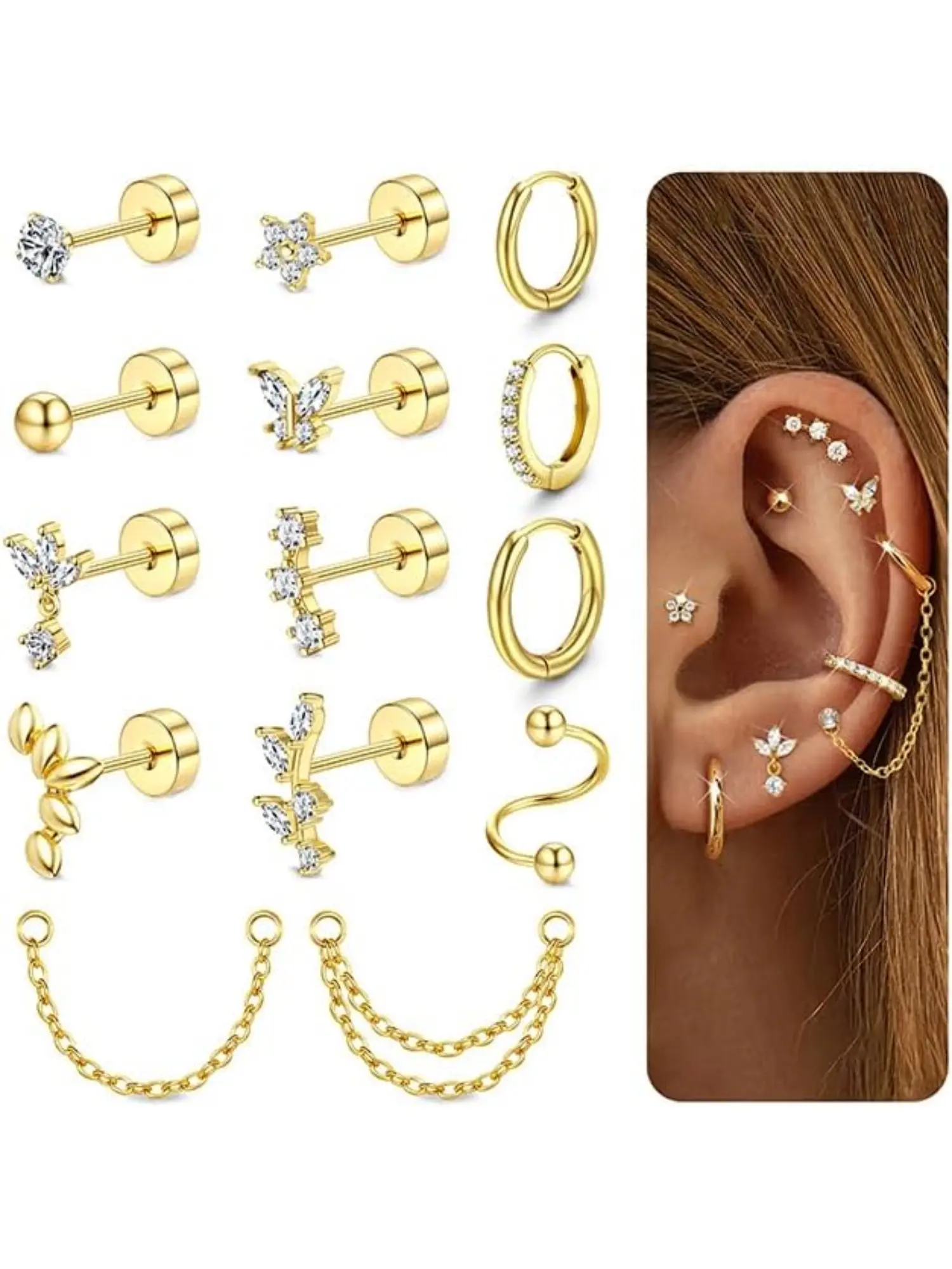 14 Pcs Cartilage Fit Earrings for Women - 14K Gold Plated Flat Back Helix Conch Tragus Piercing Jewelry Single Stainless Steel Stud Earrings Hoops Stackable Set Studs Earrings Earring Stacking Set