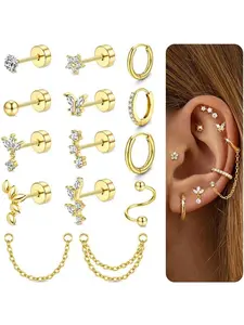 14 Pcs Cartilage Earrings for Women - 14K Gold Plated Flat Back Helix Conch Tragus Piercing Jewelry Single Stainless Steel Stud Earrings Hoops Stackable Set Studs Earrings Earring Stacking Set