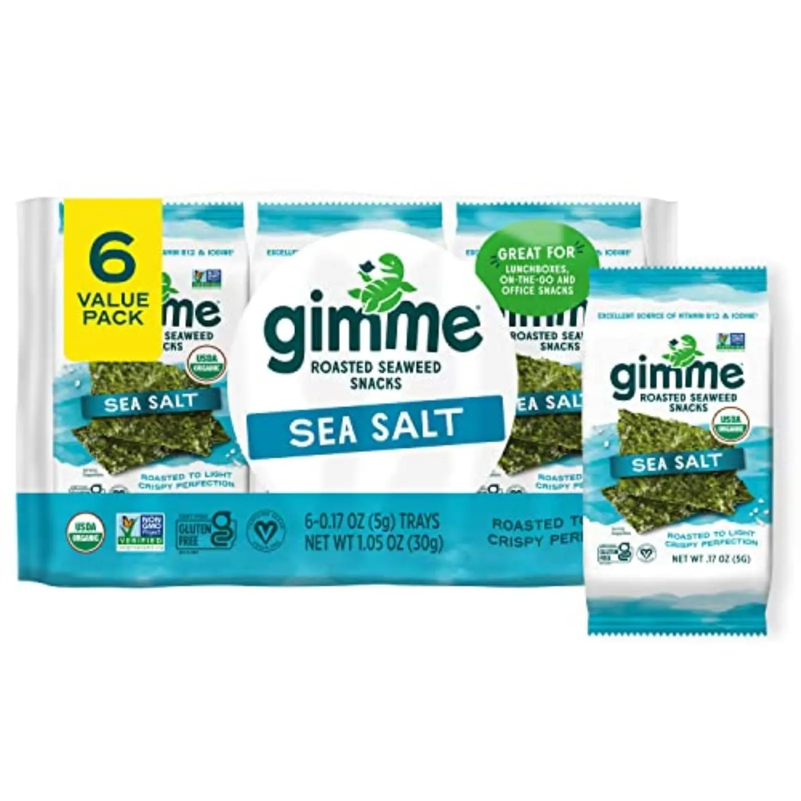 Seaweed Organic Premium Roasted Seaweed Snacks, Sea Salt, 6 Count, Keto, Vegan, Gluten-Free, Great Source of Omega3s and Iodine, Healthy On-The-Go Snack for Kids and Adults