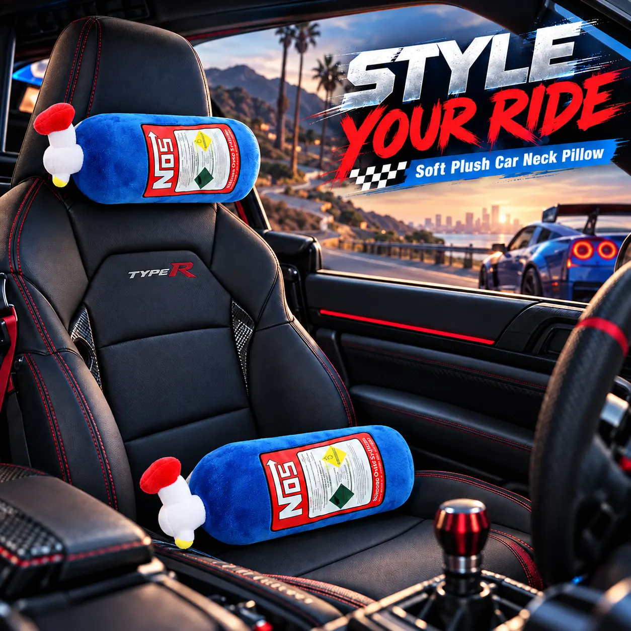 NOS 2-Pack Car Interior Neck Pillow & Seat Cushion Set - Bottle-Design Headrest, Elastic-Strap Lumbar Support, 11in & 18in Blue Auto Accessories for Vehicles, Office Use, Cool Car Stuff