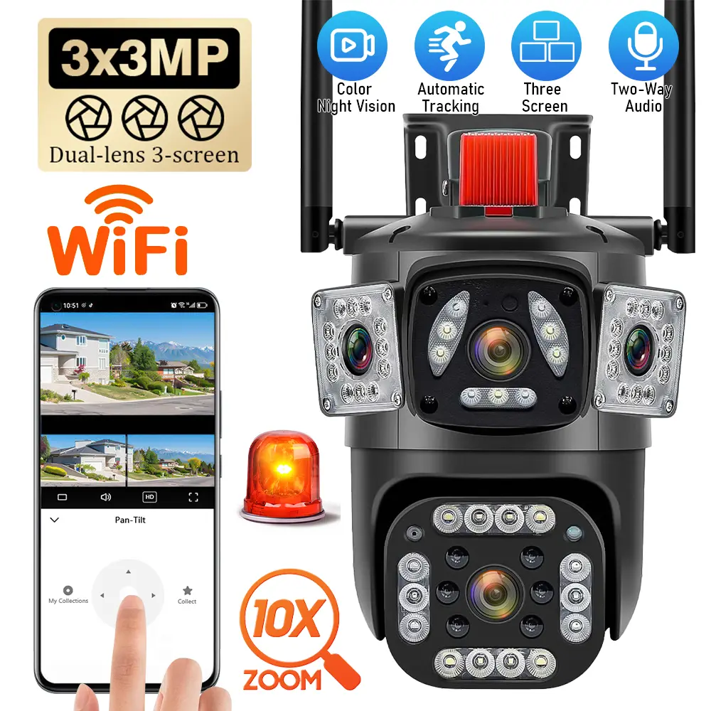 Triple‑Screen WiFi Security Camera Outdoor, 3‑Lens PTZ Surveillance Cam 355° Pan 90° Tilt, 10X Digital Zoom, AI Human Detection Auto‑Tracking, 2‑Way Audio, Full Color Night Vision, H.265, Home Farm Security Camera(SD Card Not Included) Black Friday Gift