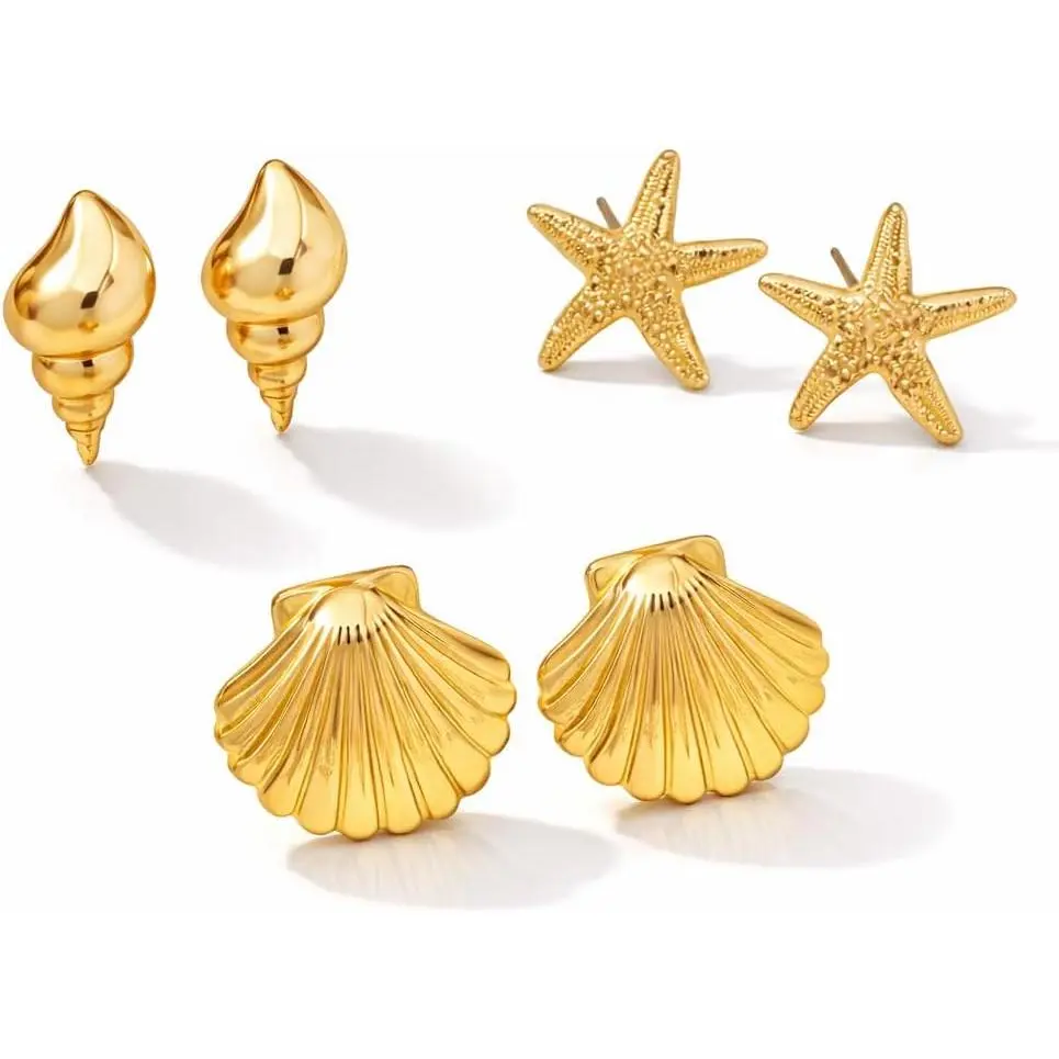 3 Pairs Beach Earrings for Women – 14K Gold Starfish, Conch, and Seashell Stud Earrings Set, Ocean Jewelry, Summer Beach Accessories, Statement Earrings for Parties and Vacations