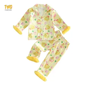 2Pcs Easter Pajamas Sets for Girls Long Sleeve Lapel V Neck Button Down Chick Egg Print Tops and Elastic Waist Pants