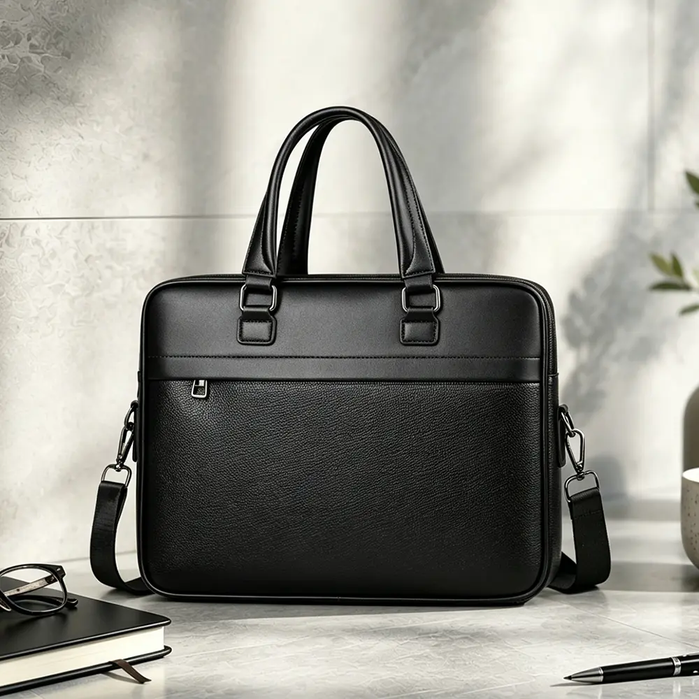 Men's Minimalist Plain PU Leather Laptop Briefcase - Lightweight, Holds Documents, Notebooks & Laptops, Includes Shoulder Strap for Handheld, Single-Shoulder or Crossbody Carry, Ideal for Office Commuting & Short Trips