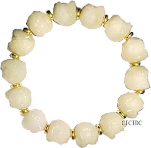 Natural Jade Natural White Jade Bead Bracelet Milk White Floating Flower Spacer Lion Wake Carving Craftsmanship Floating Flower Lion Wake Unisex Bracelet