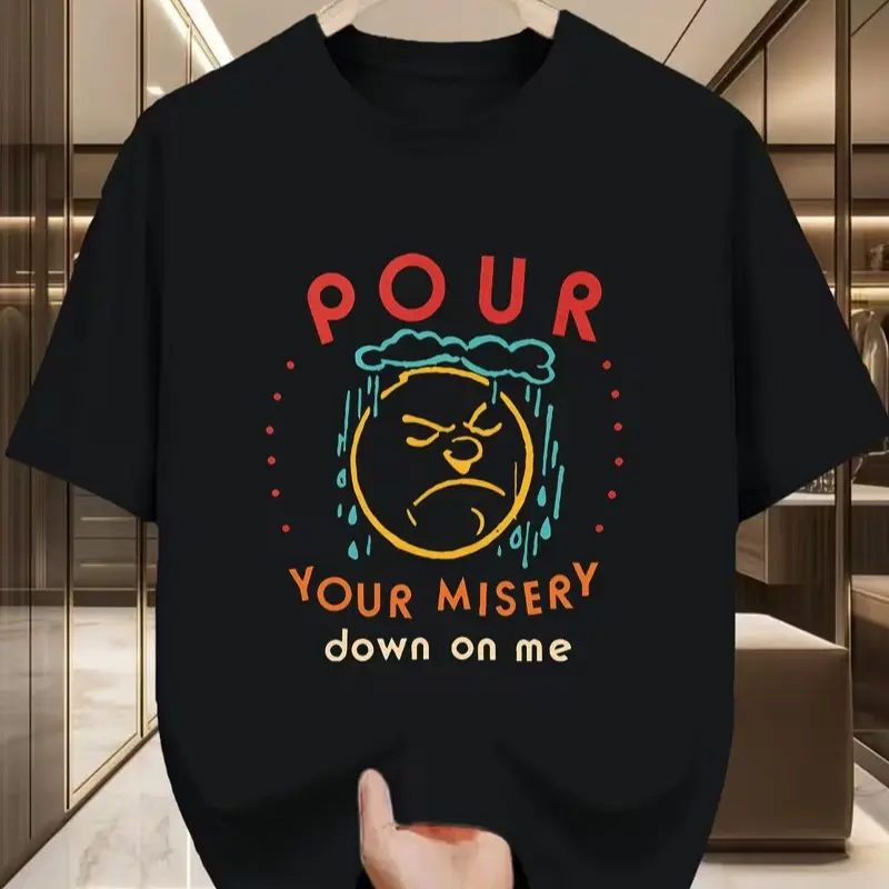Vintage Hand Drawn Moody Face T Shirt Pour Your Misery Down On Me Rain Cloud Cartoon Casual Short Sleeve Unisex T-Shirt