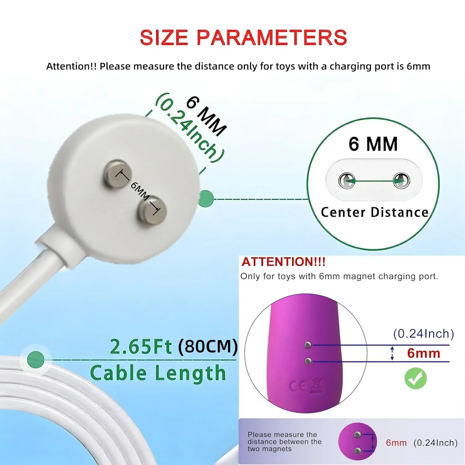 2Pack 6mm Replacement Charger with 2 Dots, 2.65ft(80cm) USB-A & USB-C Port  Set to Cord for Rose Charger Toys,Massagers, Cleansers Electronics  (Round-6MM)