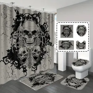 [Popular Choice]1pc/4pcs, bathroom curtains shower, bathroom set, shower curtains, bathroom rug, home decoration, bathroom mat, skull pattern, Gothic theme decoration, bathroom set, with 12 hooks.