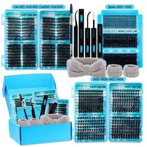 1342 Pcs / 608 Pcs Lash Clusters Kit, D-Curl 11 Styles Mix 10–18 mm Cat & Doll / Spikes / Wispy / Volume Lashes, Eyelash Extensions Set with Bond & Seal Glue, Lash Remover, Lash Brush, Lash Applicator, Headband & Wristband, Eyelash Bonding Tools