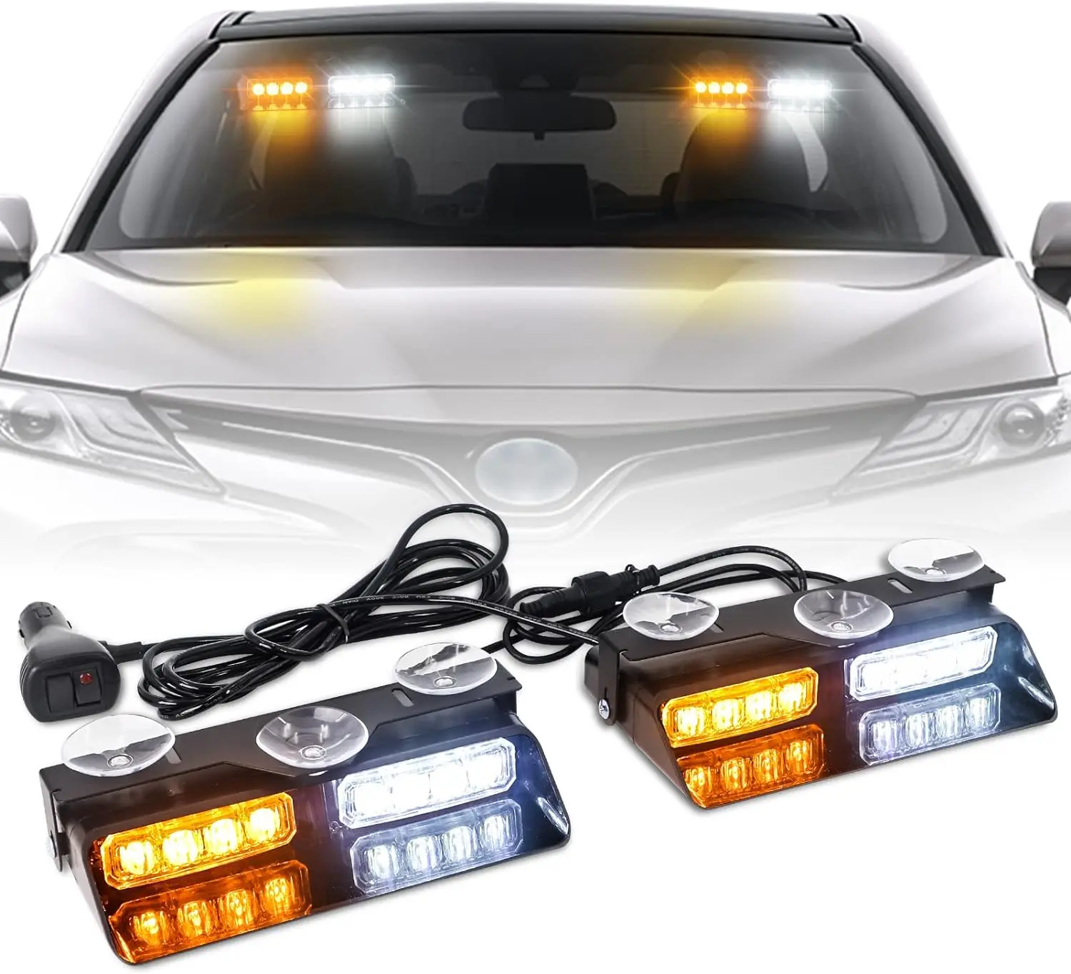 XRIDONSEN 2-in-1 Dash Strobe Emergency Lights, Amber-White Warning Safety Flashing Lights for Windshield Interior, Suction Cups Included, 2×7.16in 16 LED for Construction Vehicles, Trucks