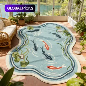 New Oriental Koi Pond Irregular Shape Carpet, Balcony Sunroom Natural Plush Mat, Lotus Leaf Water Grass Fish Pattern Home Decor Non-Slip Thick Rug, Botanical Area Rugs #TOP PICKS